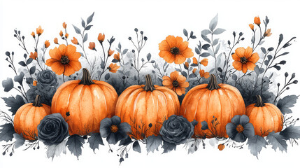 Wall Mural - Watercolor painting of pumpkins with black flowers.