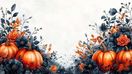 Wall Mural - Watercolor pumpkins and flowers create a festive fall border.