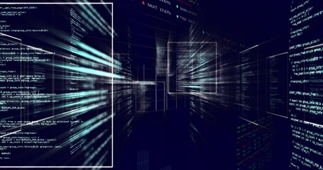 Poster - Digital data streams and code processing animation over dark background with graphs