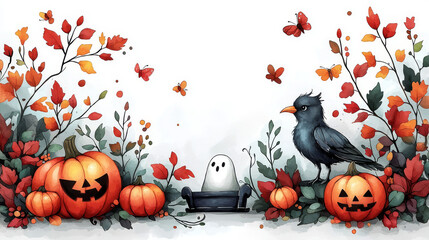 Wall Mural - A whimsical Halloween scene with pumpkins, a ghost, and a crow.