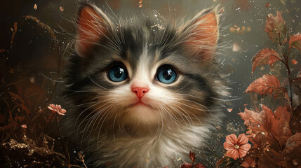 Wall Mural - A fluffy kitten with big blue eyes stares intently at the camera.