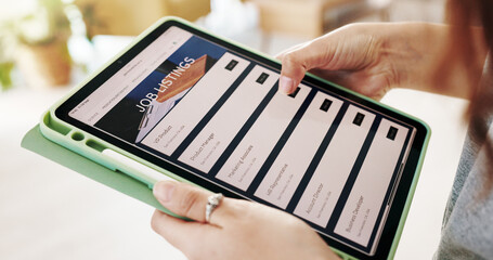 Aufkleber - Hands, person and tablet screen for job search on website, vacancy listings and contact us of recruitment process. Digital, resume app and online for hiring service, application post and opportunity