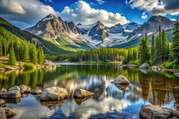 Snow-capped mountain peaks rise above a serene alpine lake surrounded by lush green forests and rugged granite boulders in Colorado's majestic Rocky Mountains landscape.