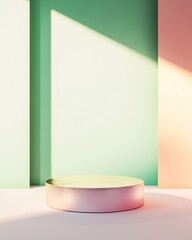 Aufkleber - Dynamic Futuristic Neon Pink Podium with Geometric Shapes in Bright White Interior, Retro-Futuristic Aesthetic with Bold Neon Colors and Sharp Shadows, Modern Acrylic Material