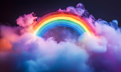 Wall Mural - A neon rainbow arch in a cloud of smoke.