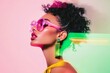 © Ryzhkov - Young Woman in Neon Accessories Dancing in a Bright Studio with Blurred Geometric Background