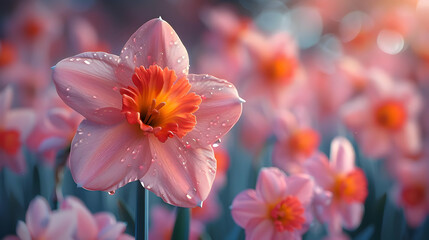 Wall Mural - Close-Up Dewy Pink Daffodil Flower Illustration