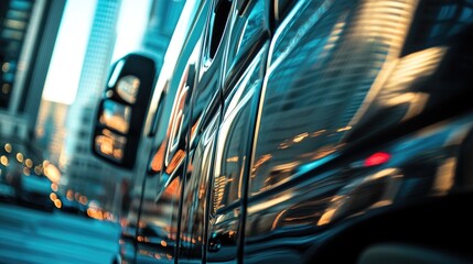 Wall Mural - A close-up of a reflective vehicle surface amidst a city backdrop.