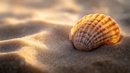 Wall Mural - A close-up of a scallop shell resting on sandy beach, illuminated by soft sunlight.