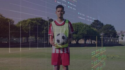 Poster - Stock market data animation over soccer player holding ball on field