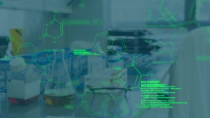 Poster - Chemical formulas and molecular structures animating over laboratory equipment