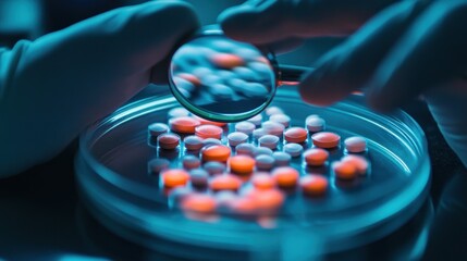 a close-up of pills being examined with a magnifying glass in a laboratory setting.