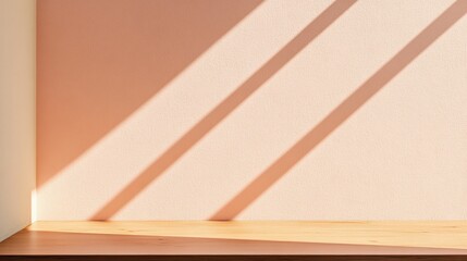 Poster - Calm and Inviting Empty Pastel Peach Wall with Natural Light and Wooden Floor - Modern Minimalistic Interior Setting