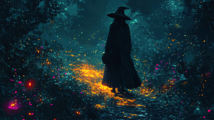 Sticker - Silhouette of a witch walking through a magical forest.