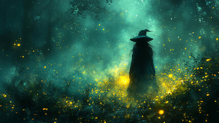 A mysterious figure in a wide-brimmed hat stands in a mystical forest.