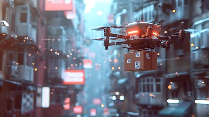 Wall Mural - A drone delivering a package in a bustling urban environment with neon lights.