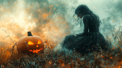 A woman in a black dress sits in a field with a jack-o-lantern.