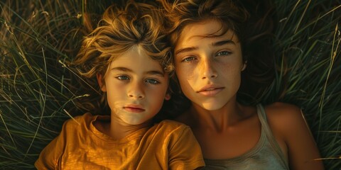 Canvas Print - Two siblings lay in the grass, looking up at the camera. AI.