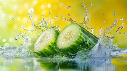 Wall Mural - Fresh Cucumber Splashing in Water with Yellow Bokeh Background