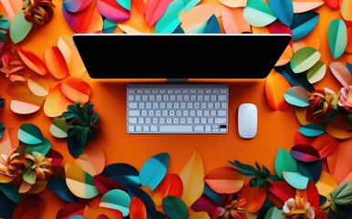 Wall Mural - A computer, keyboard, and mouse on an orange background surrounded by colorful paper leaves. AI.