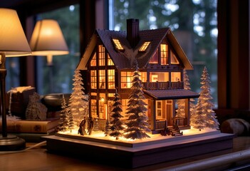 Canvas Print - A miniature house with lights and trees in a snowy setting. AI.