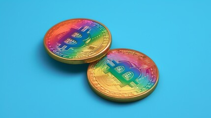 Two Bitcoin coins with a rainbow gradient effect on a vivid blue background. The futuristic and colorful design makes this image ideal for financial themes, cryptocurrency concepts, and modern digital