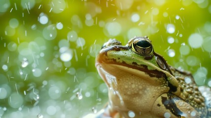 Detailed close-up of a frog enjoying the rain with a beautiful bokeh background. The droplets and vibrant green hues create a captivating and serene atmosphere, perfect for nature and wildlife themes.