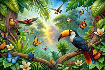 Tropical Rainforest Canopy With Toucans, Monkeys, And Butterflies In Vibrant Colors And Lush Foliage