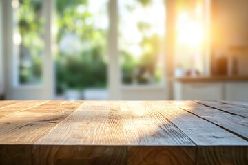 Green Empty wooden table with the bright white interior of the kitchen as a blurred background behind the bokeh golden sunshine , ai