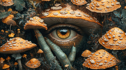 Sticker - A single eye peeks out from a cluster of mushrooms, creating a mysterious and unsettling scene.