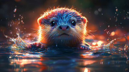 illustration of the cute behavior of otters in the water