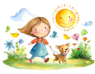 Wall Mural - Illustration of little girl and dog with flowers