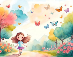 Wall Mural - Illustration of little girl and dog with flowers