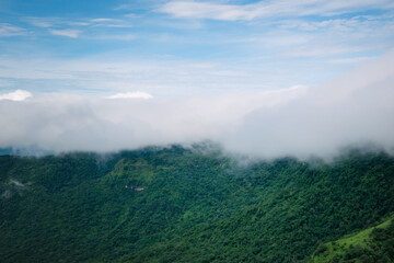 Landscape, fog on the mountain, relaxation and travel