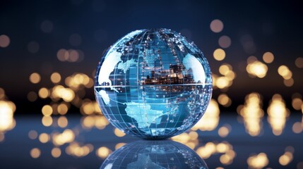 Wall Mural - Blue glass globe on white background with data blocks and it elements representing global network