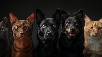 Wall Mural - A lineup of diverse cats and dogs, showcasing their unique features and expressions against a dark background.