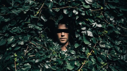 Man Hiding in Green Foliage  Mystery  Secret  Face  Eyes Covered  Leaves