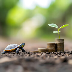 Wall Mural - A turtle moving toward a growing stack of coins, symbolizing slow and steady long-term investment progress.