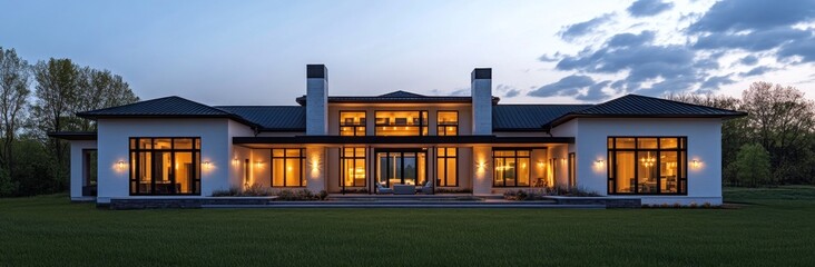 Wall Mural - Modern Luxury Home with Illuminated Windows at Dusk