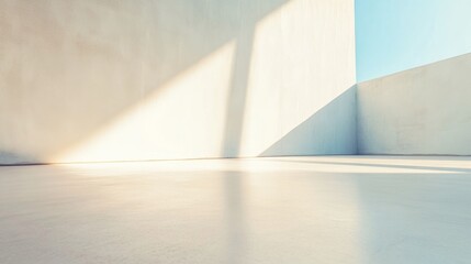 Poster - Abstract Soft White Concrete Interior with Natural Light Beams and Shadows - Minimalist Calm Morning Atmosphere