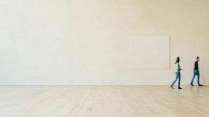Poster - Elegant Indoor Empty Wall With Blank Poster Mockup, Motion Blur of People Passing, Natural Light, Minimalist Setting, Modern and Serene Ambiance