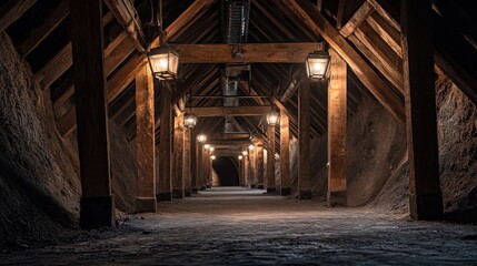 Wall Mural - A dimly lit wooden corridor in an underground space, illuminated by lanterns.