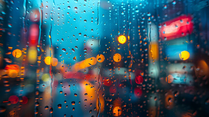 Wall Mural - Abstract Background of Raindrops on Window with Blurred Lights