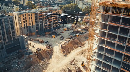 Sticker - A drone captures an aerial view of a construction site with buildings under development.