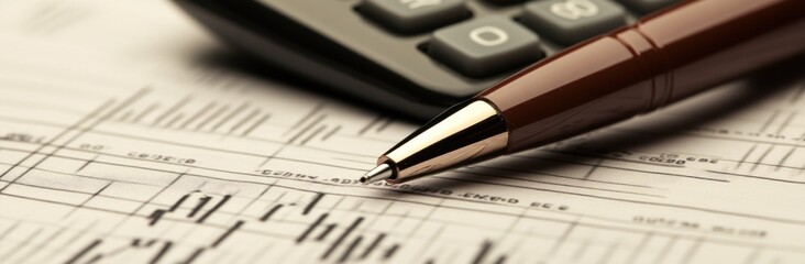 Close up of a pen and calculator on a spreadsheet