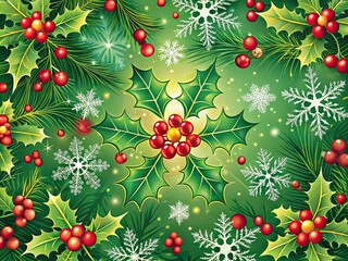 Vibrant festive red and green graphic background with intricate snowflakes, holly leaves, and berries, perfect for holiday season cards, invitations, and digital designs.