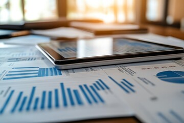 Poster - close-up of a tablet resting on financial documents, a visual representation of modern business anal