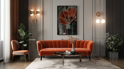 Canvas Print - Chic retro home decor with vintage furniture, velvet seating, floral arrangement, unique lighting, elegant accents, and modern art. Simplistic design scheme.