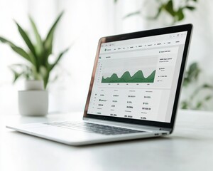 Poster - Businessman Reviewing Financial Loss Reporting Website Mockup with Declining Graphs, Morning, Professional Office Setting, Focused Mood, Laptop on Modern Desk
