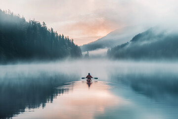 Wall Mural - Person taking a serene early morning paddle on a calm lake, surrounded by mist and the tranquility of nature